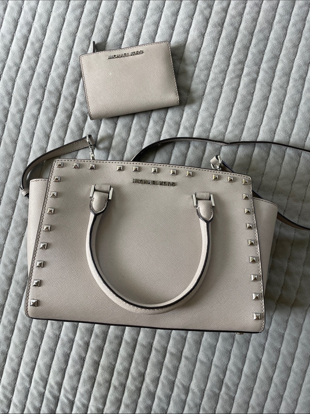 Michael Kors Cream Saffiano Studded Satchel with Wallet